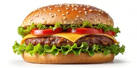 A delectable cheeseburger, featuring a juicy patty, melted cheese, crisp lettuce, and ripe tomato slices, all nestled between a sesame seed bun.