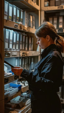 Evidence Technician Documenting Crime Scene Data with Organized Shelves Background
