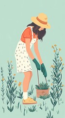 Woman Gardener Tending Plants in Her Garden