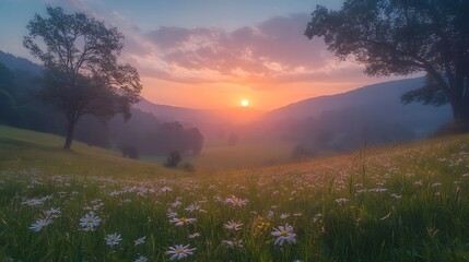 Obraz premium Serene sunset over a blooming meadow nature landscape tranquil evening panoramic view natural beauty