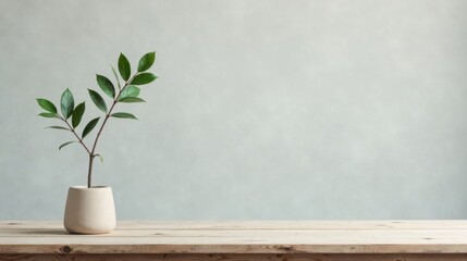 Fototapeta premium Serene Minimalist Still Life Featuring a Small Plant in a Simple Pot on a Light Wooden Table Against a Soft Neutral Background