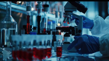 Forensic Scientist Examining Blood Samples in High-Tech Laboratory for Investigation and Research