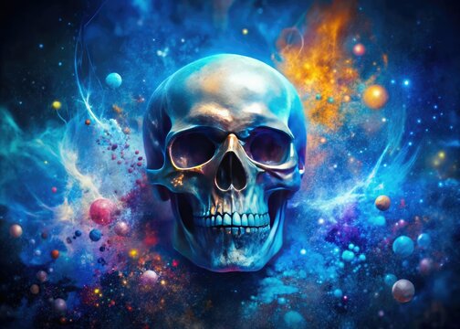 Blue watercolor skull: artistic data visualization, high depth of field, abstract scatter plot.