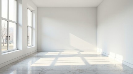 Fototapeta premium Sunlit Empty Room with Clean White Walls and Polished Floor, Ideal for Interior Design Presentations