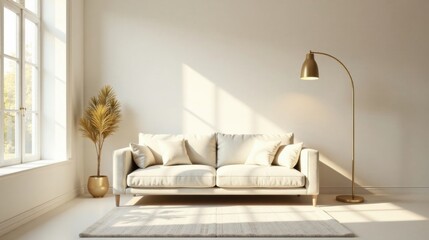 Fototapeta premium Serene Living Room with Cream Sofa, Sunlight Streaming Through Window, and Elegant Gold Floor Lamp