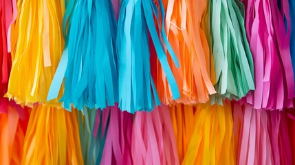 28.A string of bright, multi-colored paper tassels in a vibrant arrangement, creating a lively and festive atmosphere, ideal for holiday parties, birthday celebrations, or cheerful event decor.