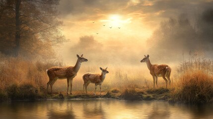 Naklejka premium Tranquil Scene of Deer Near Watering Hole