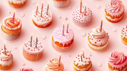 10.A vector illustration featuring a variety of deliciously styled birthday cakes with candles, sprinkles, and whipped cream details, set against a plain background; a charming design perfect for