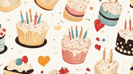 10.A vector illustration featuring a variety of deliciously styled birthday cakes with candles, sprinkles, and whipped cream details, set against a plain background; a charming design perfect for