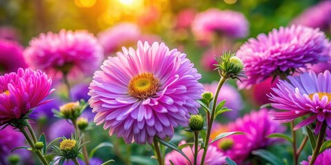 Fototapeta premium Delicate aster princess flowers burst with vibrant color in these captivating close-up garden photographs.