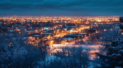 Naklejka premium Winter Cityscape at Night. Illuminated City in Snow. Urban Landscape.