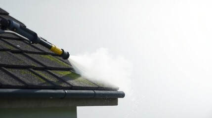 High-pressure water cleaning removes grime and moss from a residential roof