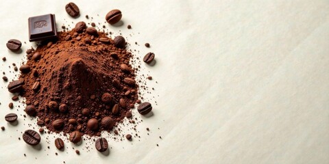 Aromatic Cocoa Powder Mound with Coffee Beans and Chocolate Square