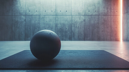 heavy duty medicine ball with matte finish placed on textured exercise mat in modern, minimalistic concrete gym illuminated by soft lighting