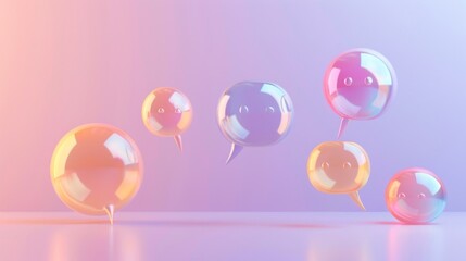 Translucent and reflective speech bubbles floating gracefully in a pastel gradient background, symbolizing minimalistic and elegant communication.