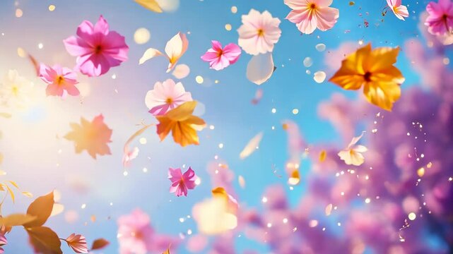 Magical spring ambiance as pink petals cascade from blooming lilac trees under the bright sunlight and blue sky background
