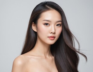 Naklejka premium A Beautiful Asian Woman, Her face close up with smooth skin showing towards the camera on a White background. AI generated