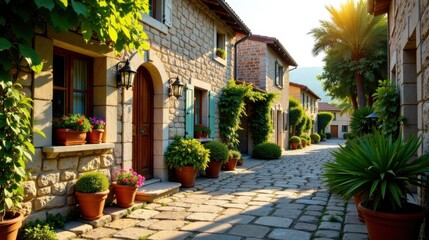 Fototapeta premium Sun-drenched stone houses line a charming cobblestone lane, adorned with lush greenery and vibrant flower pots, creating a picturesque and idyllic village scene.