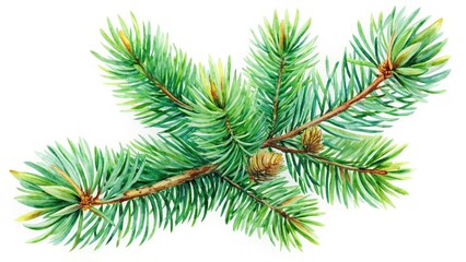 Fototapeta premium Isolated botanical illustration: a low-light pine branch, painted in watercolor.