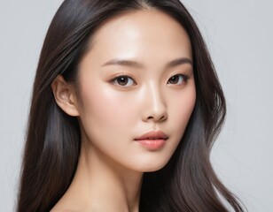 Naklejka premium A Beautiful Asian Woman, Her face close up with smooth skin showing towards the camera on a White background. AI generated