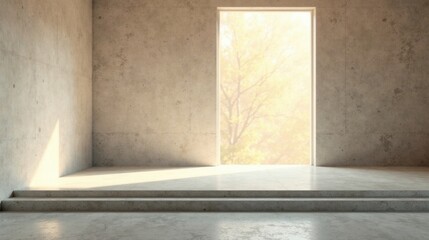 Sunlit Minimalist Concrete Room with Steps and Window View