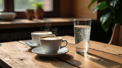 Two steaming cups of latte art coffee on a rustic wooden table alongside a glass of sparkling water, bathed in sunlight filtering through a window.