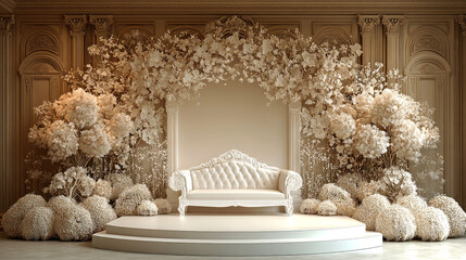 Obraz premium Elegant white wedding ceremony setup with ornate backdrop and floral decor.