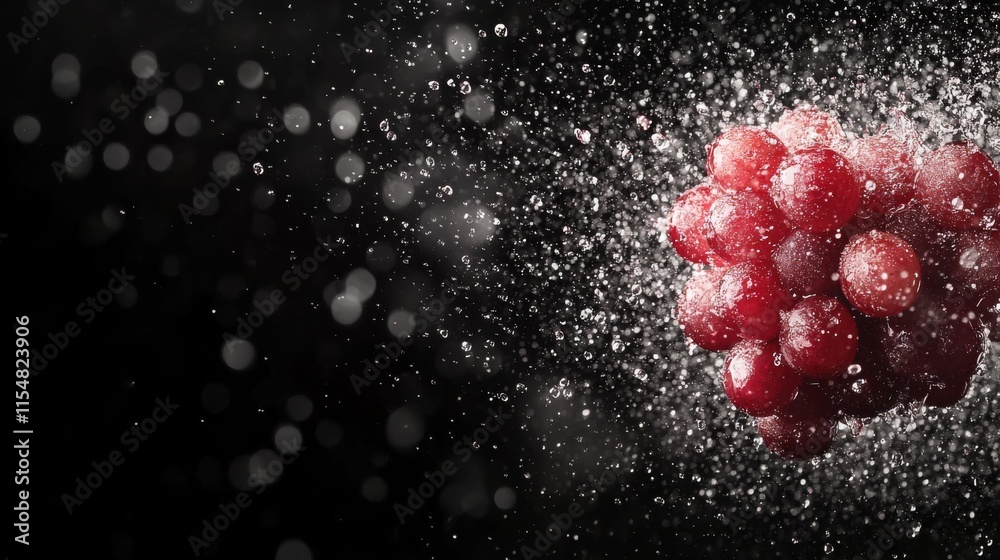Poster A single grape explodes in mid-air, sending droplets of juice and fragments outward. The stark black background enhances the vibrant details, creating a striking visual