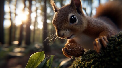 Obraz premium Close-up Portrait of a Red Squirrel Holding a Nut in a Forest
