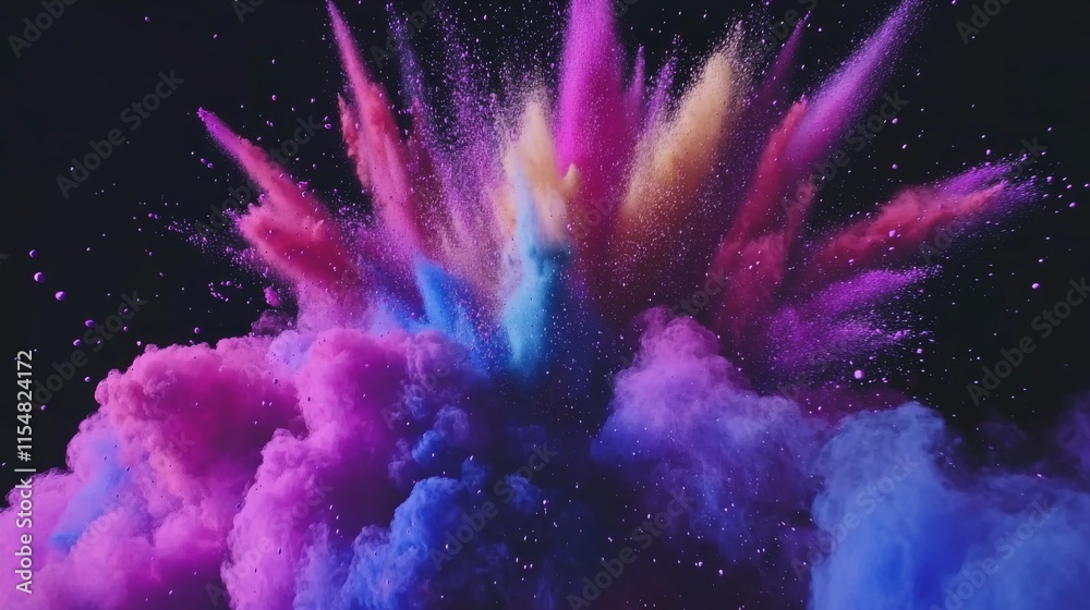Poster colorful powder bursts in mid-air, creating a dynamic display against a deep black background, perfe