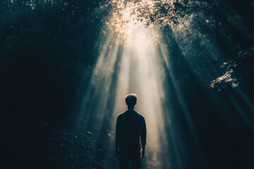 Obraz premium Someone Navigating Towards a Sudden Burst of Light, a Repeated Encounter