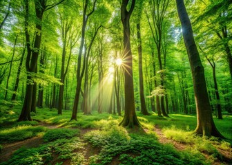 Obraz premium Nature's vibrant growth explodes in this sun-dappled forest, a photographer's dream.
