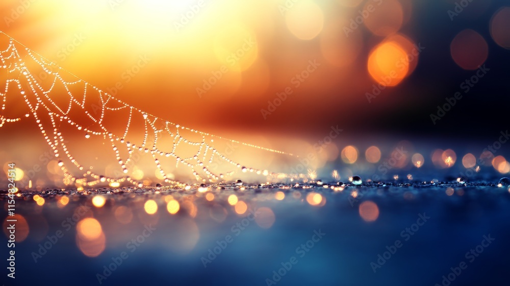Aufkleber a delicate spiderweb catches morning dew in soft light, creating a shimmering effect with a serene r
