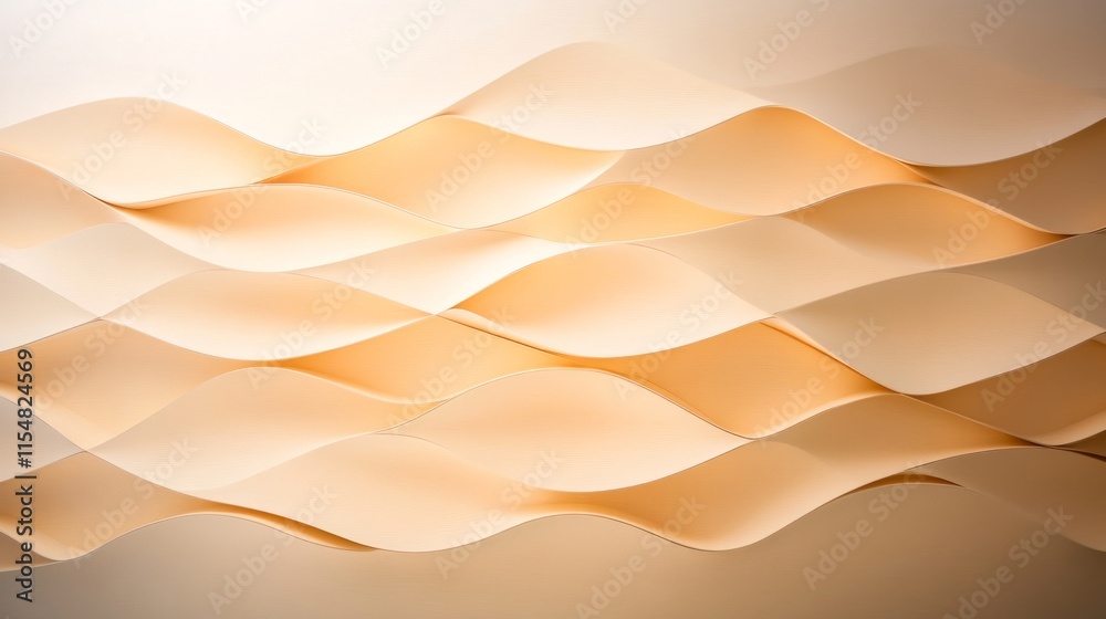 Poster textured acoustic wall panel displays a wavy geometric design in neutral tones, illuminated softly f