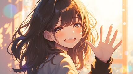 Anime girl waving hello with a cheerful smile, expressing joy and warmth