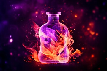 Abstract Purple Liquid in Glass Bottle with Flames Background 