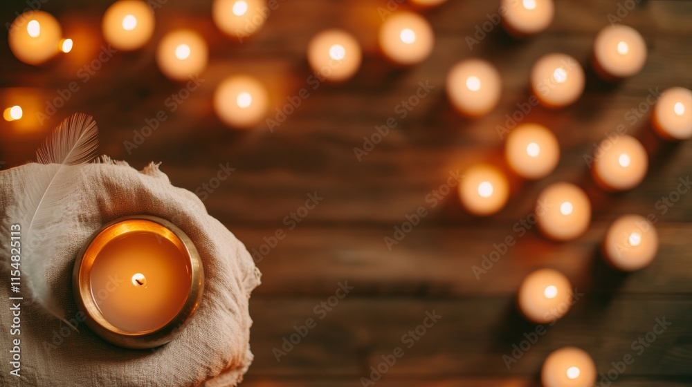 Poster a tibetan singing bowl rests on textured linen surrounded by softly lit candles and a delicate feath