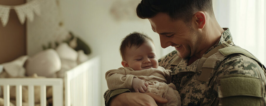 soldier in uniform holds their baby for first time, sharing tender and emotional moment in cozy nursery setting - Powered by Adobe