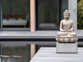 Tranquil Buddha Statue on Lotus Platform Japanese Garden Photography Serene Environment Close-Up View Zen Concept