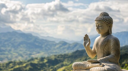 Serene Buddha Statue with Raised Hand in Majestic Mountains Scenic Landscape Nature Photography Perspective