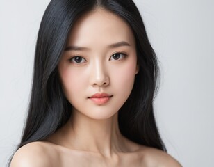 A Beautiful Asian Woman, Her face close up with smooth skin showing towards the camera on a White background. AI generated