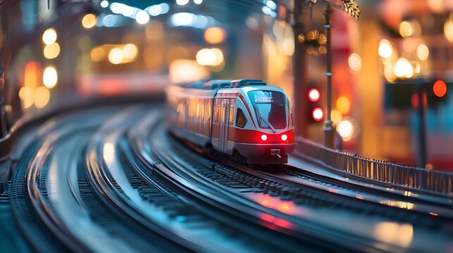 Miniature train model on tracks in a city at night. Concept of transportation, hobby, and urban life.