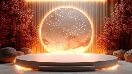 Illuminated circular stage with constellation backdrop, flanked by trees and rocks.