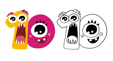 Fototapeta premium Vector illustration of cute monsters numbers. Color and outline cartoon image. Educational material for preschool children. Coloring book for kids. 