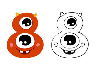 Vector illustration of cute monsters numbers. Color and outline cartoon image. Educational material for preschool children. Coloring book for kids.
