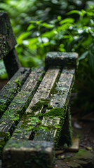 Naklejka premium Timeless Strength: The Resilient Beauty of a Weathered Wooden Bench in Nature's Heart
