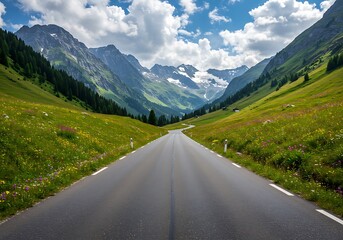 Fototapeta premium Asphalt road in Austria, Alps in a summer day. 