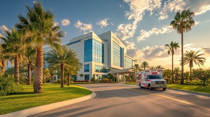 Obraz premium vibrant views of a huge hospital building and an ambulance parked in.