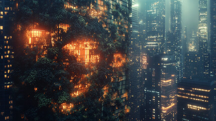 Futuristic Cityscape: Vine-Covered Building at Night