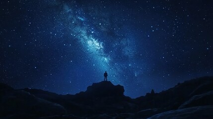 Obraz premium Starfield Over Milky Way Galaxy at Night Sky with Silhouetted Figure